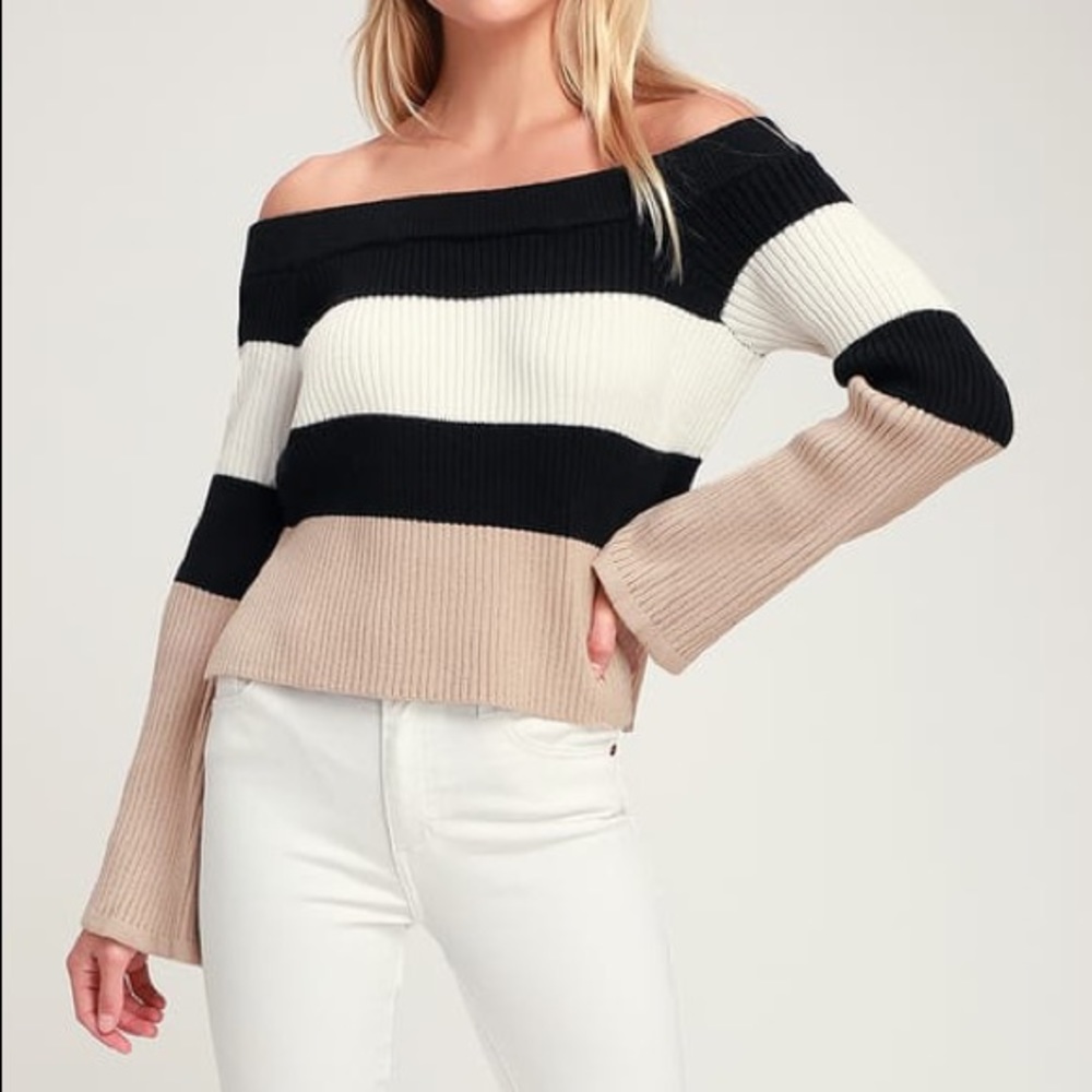 NWT Lulus Striped Ribbed Off-the-Shoulder Sweater